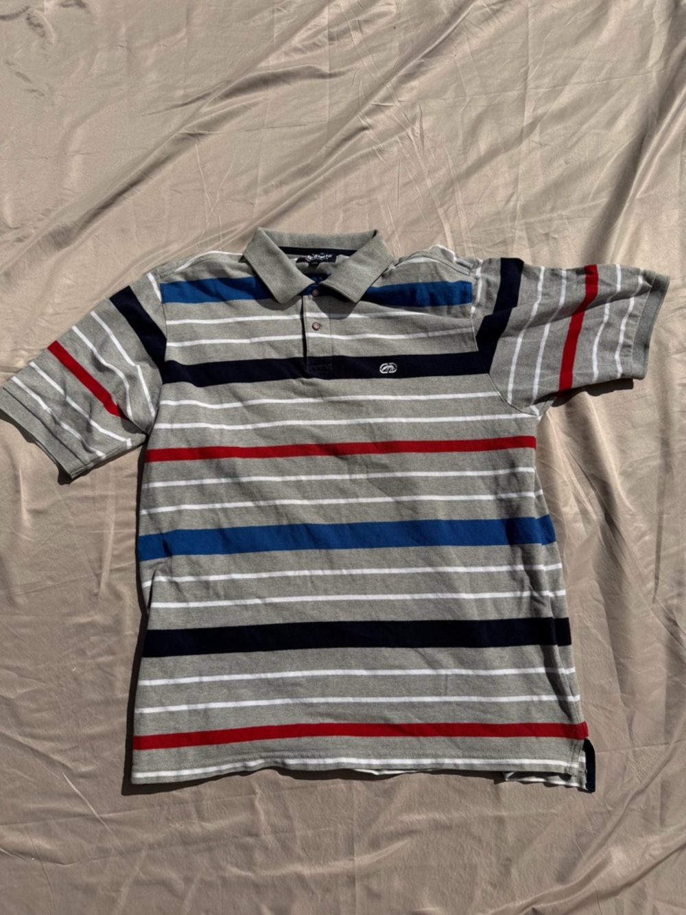 Ecko Unlimited Striped Grey Polo with Blue, Black & Red Bands